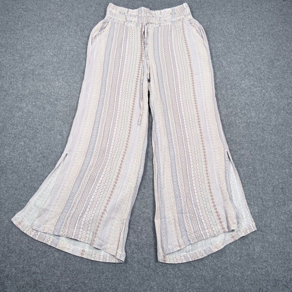 Rewash Womens Small Wide Leg Boho Striped Smocked Waist Rayon Pants Side Slit